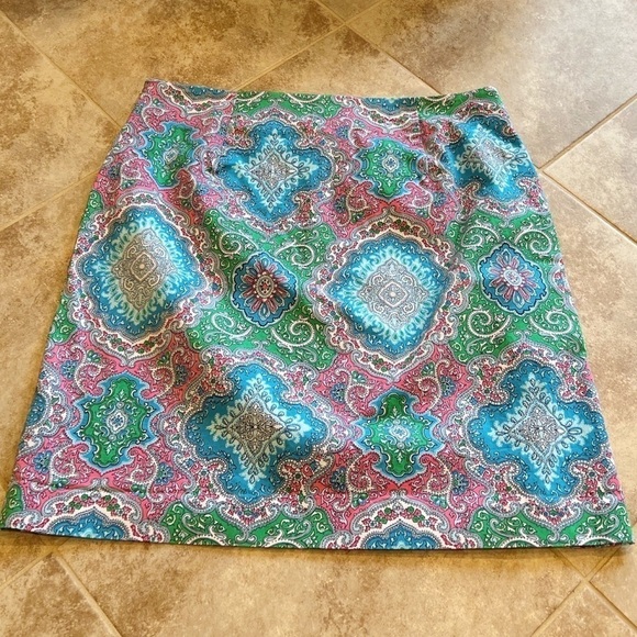 Talbots paisley mini skirt stretch cotton blue green pink mid rise size 8 - Picture 2 of 9